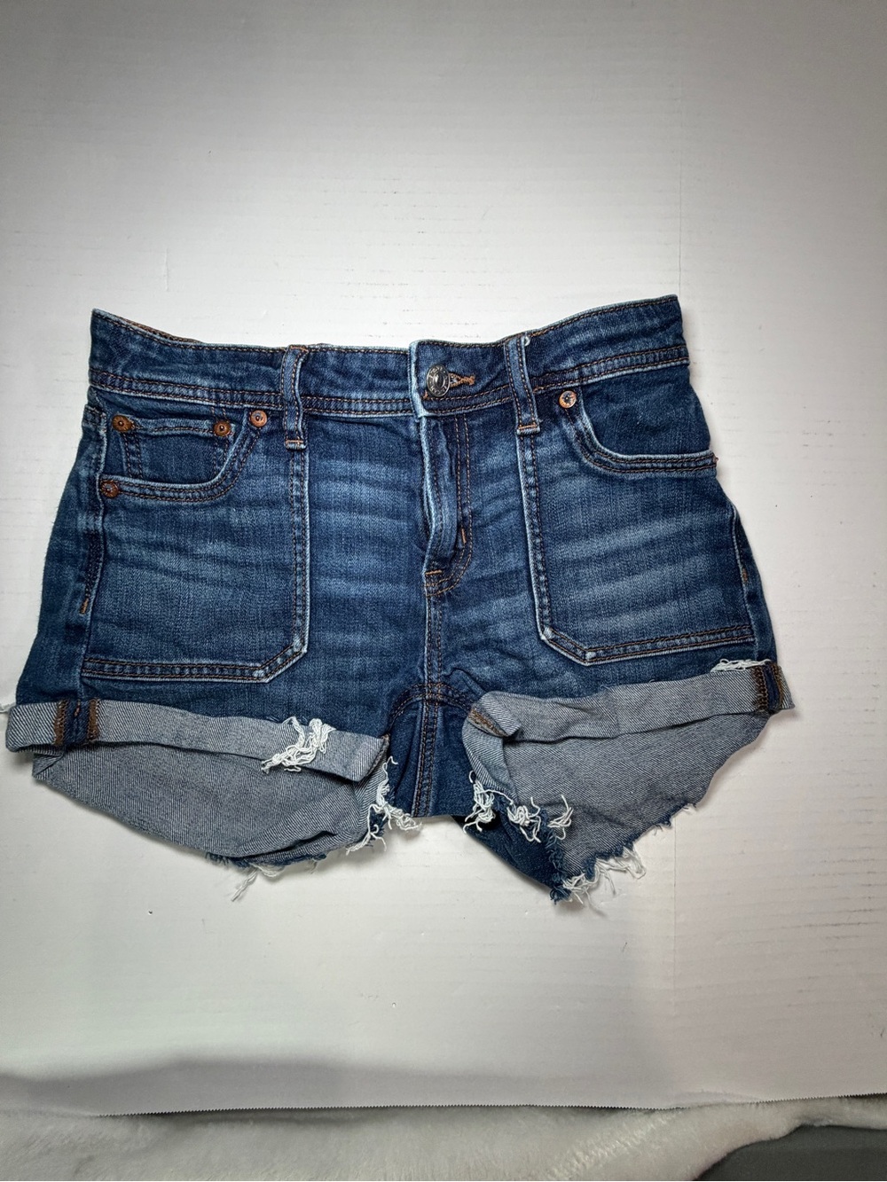 American Eagle Outfitters Distressed Folded Hem Denim Shorts - Dark Blue